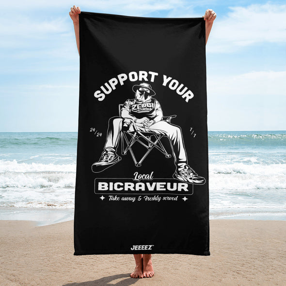 BEACH TOWEL BLACK SUPPORT YOUR LOCAL BICRAVEUR